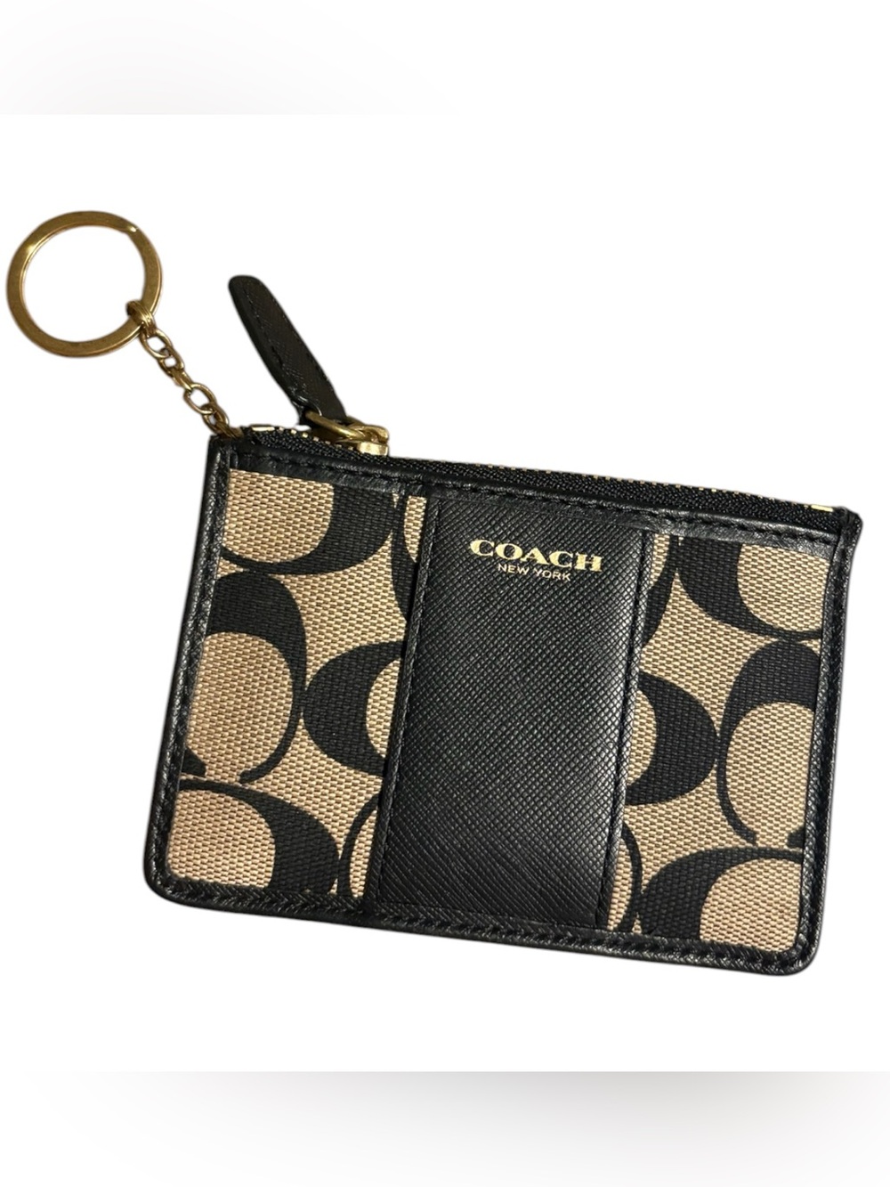 Coach Black & Khaki Signature Canvas Card Holder Key Ring